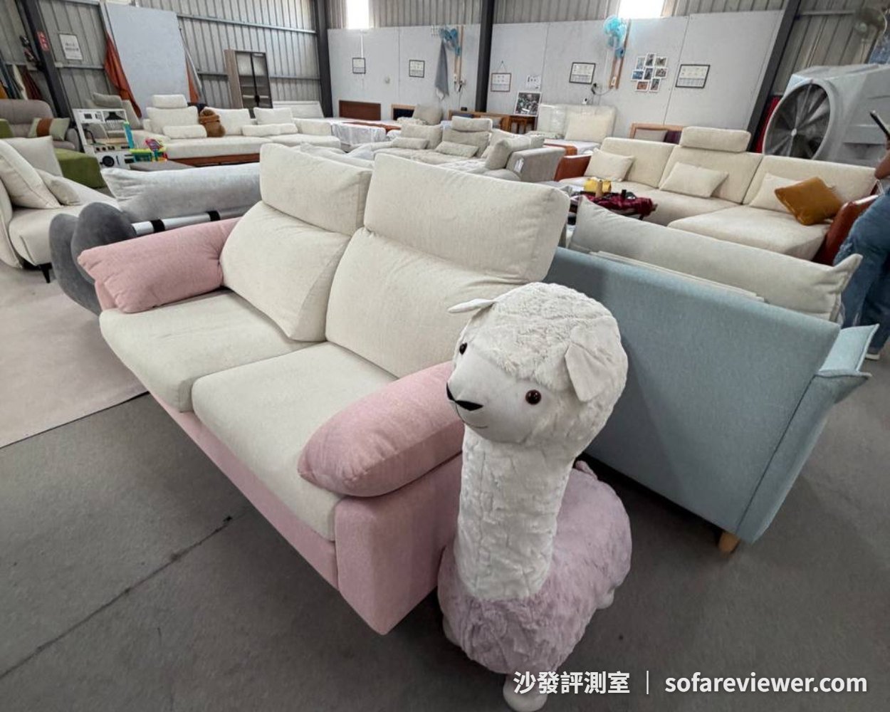 坐好沙發展場另一角:粉色拼色款與後方的 L 型